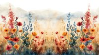Dreamy watercolor wildflower meadow with red poppies, blue delphiniums, and golden wheat against soft beige mountains, creating a serene nature landscape.