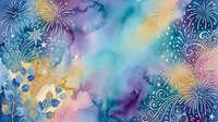 Colorful fireworks and floral elements burst across a vibrant watercolor background in shades of blue, purple, pink, yellow and teal, perfect for celebrations and festive designs.