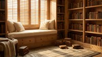 Cozy home library interior with built-in bookshelves, window seat with cushions, warm natural lighting through wooden shutters creating peaceful reading nook.