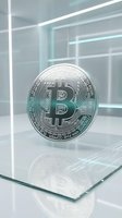 Silver cryptocurrency coin on reflective glass surface with modern geometric lighting for digital finance and blockchain technology concepts.