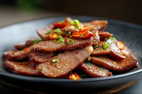 Sliced grilled sausage with herbs and peppers on dark plate, ready for serving at restaurant or home dining table.