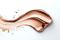 Luxurious rose gold metallic liquid splash with dynamic wave form and droplets on white background, modern abstract design element for cosmetic packaging.