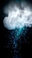 Dramatic storm cloud with glowing blue rain drops and light streaks against dark background for weather and climate concepts.