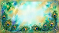 Elegant peacock feathers frame with ornate golden border creating luxurious decorative background for wedding invitations and premium design projects.