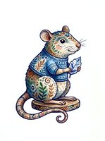 Whimsical mouse character wearing ornate blue sweater with decorative patterns, holding leaf, isolated on white background for design projects.