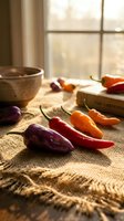 Colorful hot chili peppers on rustic burlap fabric in warm sunlight streaming through kitchen window creating cozy cooking atmosphere for culinary preparation.