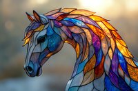 Artistic horse head with vibrant stained glass effect featuring flowing mane in blues, purples, and amber tones against soft bokeh background. Decorative mosaic style.