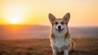Happy corgi dog sitting on grassy hill during golden hour sunset with warm orange sky and mountains in background for pet photography and lifestyle content.