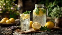 Refreshing lemon mint chia seed water in glass pitcher and tumbler on rustic wooden table with fresh herbs and citrus fruits in garden setting.