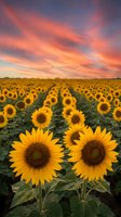 Vibrant sunflower field stretching to horizon under dramatic sunset sky with orange and pink clouds creating romantic agricultural landscape.