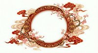 Ornate circular frame with traditional Asian cloud motifs and decorative swirls in red and gold tones on white background for design projects.