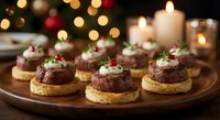 Elegant beef tenderloin canapes topped with cream cheese and pomegranate on a wooden platter, festive Christmas bokeh background with candles.