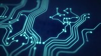 Glowing circuit board pathways with neon green lines and connection nodes on dark blue background, representing technology, data flow, and digital networks.