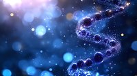 Glowing DNA strand structure with sparkles and particles on dark blue background with bokeh lights, representing genetic science and biotechnology research.