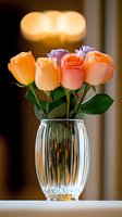 Fresh peach and coral roses arranged in crystal glass vase with soft bokeh background lighting creating romantic ambiance for home decor and celebrations.