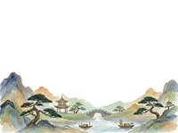 Serene Asian landscape with misty mountains, traditional pagoda, pine trees, and boats on water. Isolated watercolor artwork suitable for wall art, home decor, and design projects.