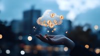 Digital cloud with glowing cryptocurrency symbols floating above open hand against blurred city skyline at dusk, magical bokeh lights create mystical fintech atmosphere.