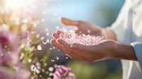 Female hands gently cupping and releasing sparkling water drops in sunlight with pink flowers in soft focus background, creating magical atmosphere.