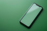 Modern smartphone with blank screen on green background, minimalist composition with diagonal placement and soft shadow creates professional mockup setup.