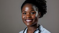 Young African American female healthcare professional wearing gray scrubs and stethoscope smiling warmly at camera against neutral background.