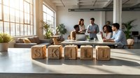 Wooden blocks spelling skills on table with diverse team collaborating in bright office space with large windows and plants.