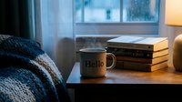 Cozy rainy day scene with a steaming mug on a wooden nightstand beside stacked books, a warm lamp, and a knit blanket.