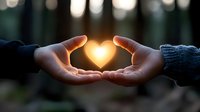 Hands forming heart shape with glowing light between palms against blurred bokeh background, symbolizing love, hope, and spiritual connection.