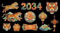 Colorful Chinese New Year 2034 tiger clipart set, isolated on transparent background. Great for stickers, t-shirt design, print on demand, sublimation, and festive crafts.