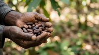 Farmer holding freshly harvested cacao beans in cupped hands with plantation foliage blurred in background, representing sustainable agriculture and cocoa production.