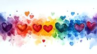 Rainbow watercolor hearts border with colorful splashes and splatters on white background, romantic love pattern for valentines day cards and wedding designs.