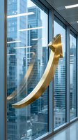Golden arrow pointing upward in modern office window with city skyline view symbolizing business growth, success, and financial progress in corporate environment.