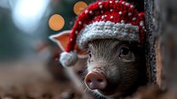 Adorable mini pig wearing red and white Santa hat peeking from behind wooden surface with festive bokeh lights in background, close up portrait.