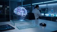Glowing neon brain hologram floating above laptop keyboard in modern tech laboratory workspace with scientists working in background on computer monitors.