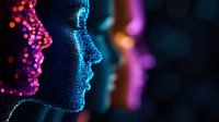 Profile silhouette covered in glowing blue glitter against dark background with pink bokeh lights, artistic portrait showing magical sparkle effect.