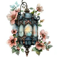 Vintage lantern with glowing light surrounded by delicate pink poppies and green foliage on white background, watercolor style illustration for decor and design.