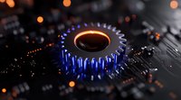Glowing blue gear wheel on circuit board with orange bokeh lights creates futuristic technological mood, highlighting innovation and digital transformation concept.
