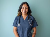 Hispanic female healthcare worker wearing navy blue scrubs and stethoscope smiling warmly against mint green wall, representing medical professionals and healthcare diversity.