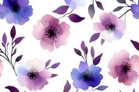 Delicate watercolor flowers in purple and pink hues create seamless pattern on white background. Romantic floral design with soft petals and dark stamens.
