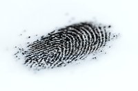 Black fingerprint powder impression on white surface, macro view showing detailed ridge patterns and unique biometric characteristics for forensic science and security.