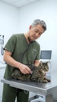 Middle-aged Asian male veterinarian in green scrubs examining tabby cat with stethoscope on examination table in modern veterinary clinic office.