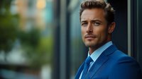 Confident businessman in navy blue suit and tie looking away thoughtfully against blurred urban background, professional corporate portrait with bokeh lighting effect.