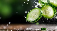 Fresh cucumber slices falling with water drops and salt crystals against dark background, dynamic food photography with splash effect and bokeh.
