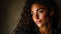 Portrait of young mixed-race woman with curly hair and warm lighting creating dramatic shadows on face for beauty and lifestyle concepts.