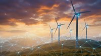 Wind turbines on a hill at sunset with glowing digital network overlay, symbolizing smart renewable energy and green technology innovation.