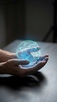 Close-up of male hands holding glowing digital globe with network connections, representing global technology, data connectivity, and business innovation on wooden surface.