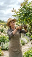 Senior Caucasian woman gardener in straw hat and apron pruning rose bush with secateurs in blooming garden on cloudy day for landscaping and horticulture.