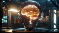 Glowing brain inside light bulb on dark background with dramatic lighting, symbolizing innovation, creative thinking and artificial intelligence technology.