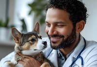 African American male veterinarian with stethoscope holding and bonding with mixed breed dog during medical examination, showing caring and professional approach in clinic.