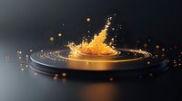 Dynamic golden liquid splash creating circular ripples on black platform with floating droplets and dramatic lighting effects against dark background.