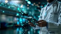 Medical professional in white coat using smartphone with glowing digital network visualization, turquoise light effects and bokeh background illustrating healthcare technology.